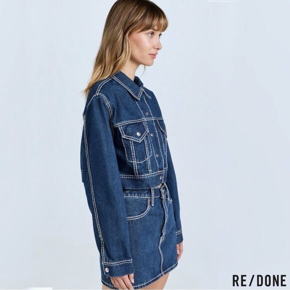 RE/ DONE **NWT** Cropped Chunky Stitch 'Trucker' Indigo Denim Jacket - Picture 14 of 16